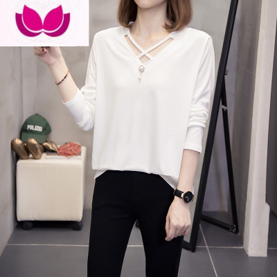 七斓2023年春季新款大码女装胖mm减龄显瘦简约长袖V领百搭T恤打底衫潮