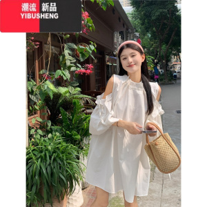 YIBUSHENG设计感系带露肩七分袖连衣裙女季新款减龄宽松显瘦别致短裙chic