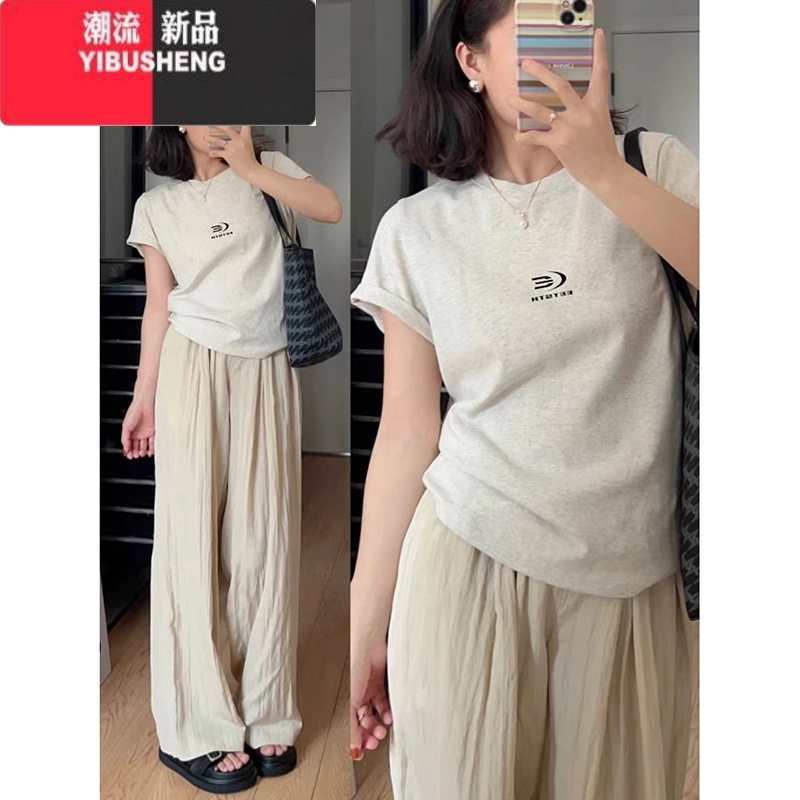 YIBUSHENG季大码女装正肩美式短袖t恤女2024新款灰色收腰小飞袖修身上衣