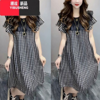 YIBUSHENG2024季新款时尚格子短袖连衣裙气质宽松显瘦荷叶边拼接休闲裙子