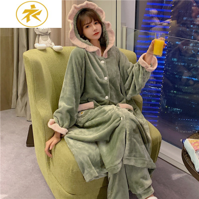 Ideamini睡衣女秋冬珊瑚绒加厚连帽睡袍长款浴袍冬季法兰绒可爱家居服套装