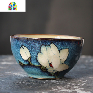 日式创意陶瓷小饭碗米饭碗手绘花朵手工碗窑变餐厅餐具个性和风碗 FENGHOU 玉兰12厘米(新尺寸)