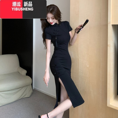 YIBUSHENG中式复古盘扣旗袍连衣裙女季高级感气质小黑裙收腰显瘦包臀长裙