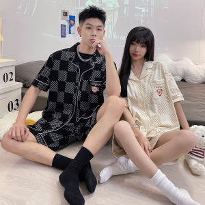 情侣睡衣男女款夏季棉质圆领短袖短裤卡通休闲可外穿格子裤家居服