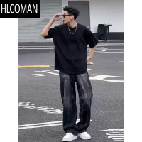 HLCOMAN黑色t恤男夏季潮牌cleanfit短袖美式高街内搭小领口半袖