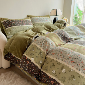 韩系条纹小碎花棉加绒四件套A面纯棉B面宝宝绒1.5m1.8保暖加厚冬