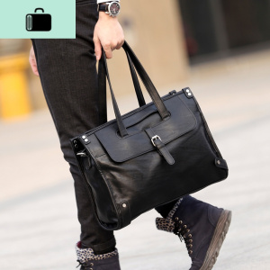 轻商务男士手提文件包公文包 潮流皮质时尚单肩包 休闲街头手拎包NEW LAKE 黑色男士手提包 黑色