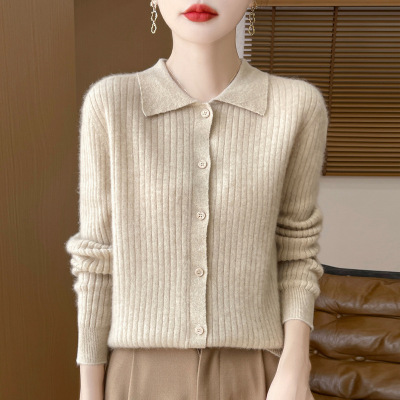新款POLO领纯色抽条长袖羊毛开衫女24秋冬单排扣宽松百搭针织外套