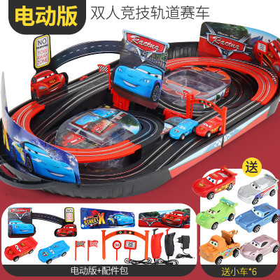 闪电麦昆电动轨道车玩具男孩2层赛道电动版-双人竞速赛车（便携收纳）标配赛道送6辆回力小汽车+场景道具+电刷*4-