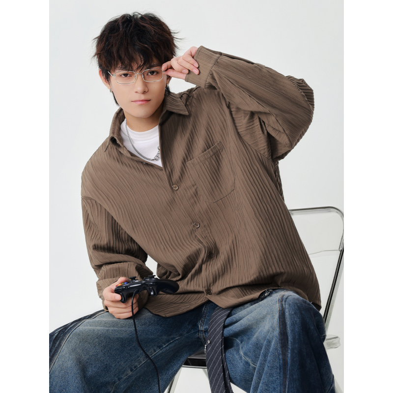 |男士肌理感翻领衬衫早秋季新款潮流美式休闲宽松长袖