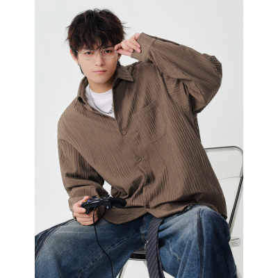 |男士肌理感翻领衬衫早秋季新款潮流美式休闲宽松长袖