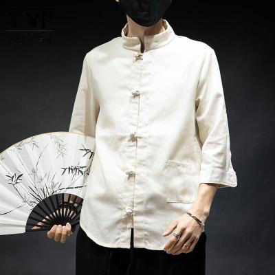花花公子贵宾中国风夏季新款衬衫民族风个性盘扣棉麻中袖上衣民国复古衬衣
