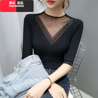 YIBUSHENG2020秋冬季新款女装打底衫半袖冰丝针织衫蕾丝内搭修身长袖上衣薄蕾丝衫