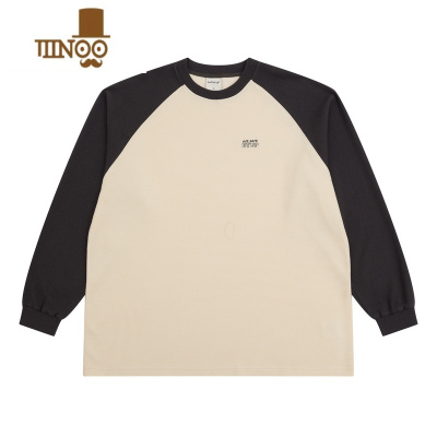 YANXU春季日系潮牌卫衣插肩拼接刺绣圆领华夫格长袖男T恤宽松