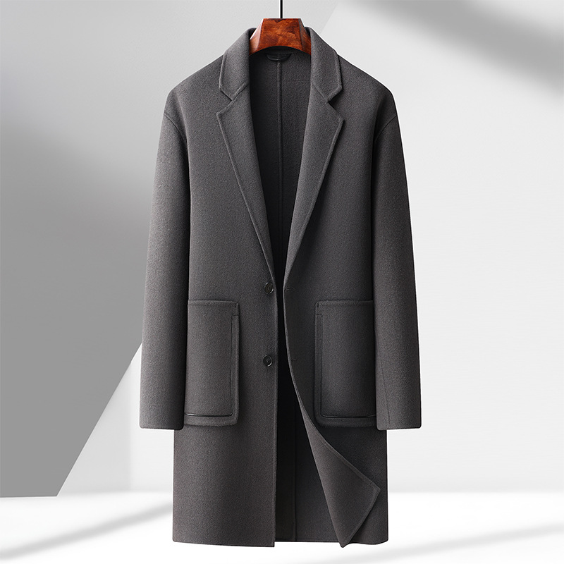 简约秋冬新款羊毛双面呢大衣男士长款纯手工缝制羊毛呢大衣外套男