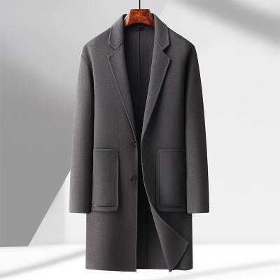 简约秋冬新款羊毛双面呢大衣男士长款纯手工缝制羊毛呢大衣外套男