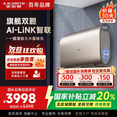 史密斯60升电热水器 家用 双胆扁桶 纤薄黑科技 大屏触控 双擎速热 E60HGDWi一级能效 储水式