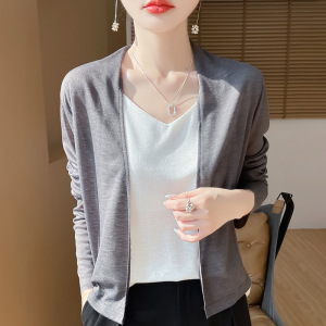 丝光2025春夏女短款宽松V领纯色简约针织开衫防晒空调衫上衣外套