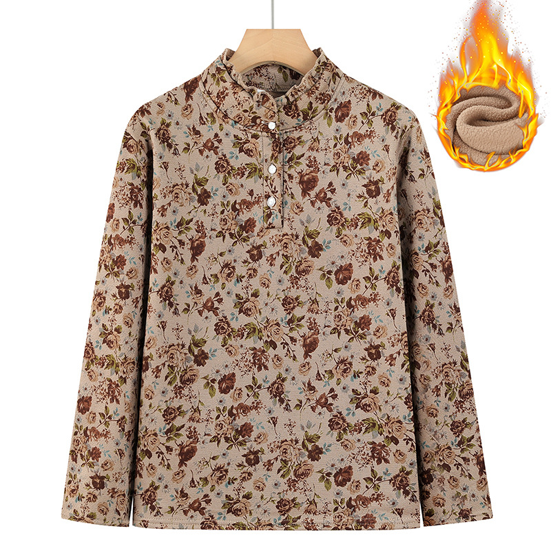 新款中老年女装冬季保暖妈妈装上衣加绒加厚内搭时尚印花冬季衣服