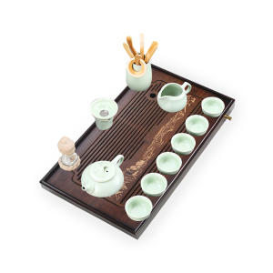 常生源 功夫茶具套装 实木茶盘 仿宋汝窑茶具茶壶茶杯泡整套 品茶论道海天一色