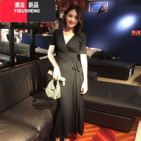 YIBUSHENG莫代尔连衣裙女春季v领一片式裹身收腰小黑裙性感气质开叉长裙