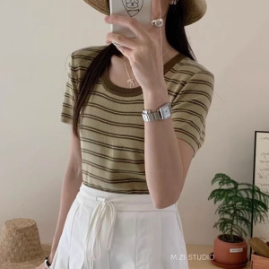 条纹短袖针织衫女夏季女装新款修身显瘦撞色韩版打底衫上衣INS潮