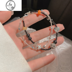 JiMi复古双层爱心串珠手链女夏ins小众设计首饰2023年新款潮轻奢手饰 银色