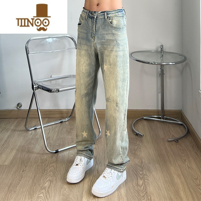 YANXUFILFR星星印花黄泥水洗做旧牛仔裤男美式高街显瘦直筒百搭长裤潮