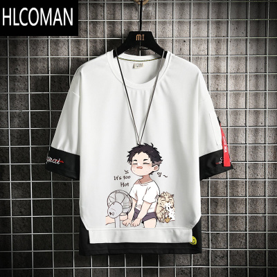 HLCOMAN夏季潮牌短袖t恤男生宽松大码体恤情侣装半袖冰丝五七分袖上衣服