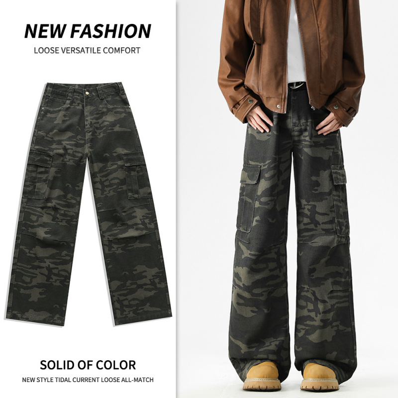 高街 vibe 风迷彩牛仔裤 男款宽松阔腿多口袋工装牛仔长裤潮 休闲
