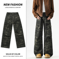 高街 vibe 风迷彩牛仔裤 男款宽松阔腿多口袋工装牛仔长裤潮 休闲