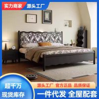 中古风实木软包大床现代简约卧室1.5米单人床极简储物主卧室双人婚床