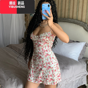 YIBUSHENG 欧美性感低胸小清新碎花连衣裙时尚印花气质显瘦修身短裙