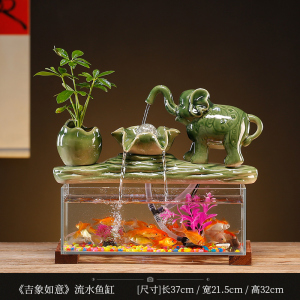 陶瓷流水生财玻璃鱼缸摆件客厅电视柜装饰轮办公开业乔迁礼品