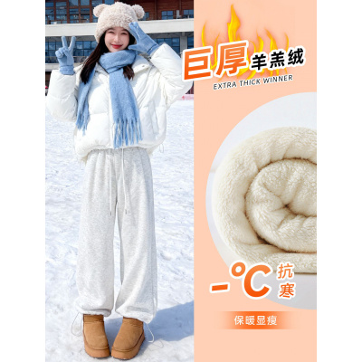 羊羔绒裤子女新款秋冬加绒加厚灰色保暖棉裤小个子阔腿运动裤_241