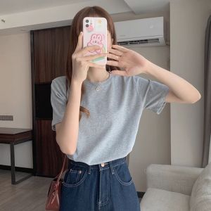 6535棉 韩版纯色复古短袖T恤女新款百搭宽松学生显瘦休闲上衣