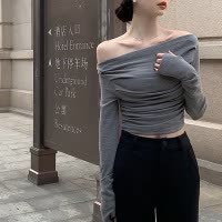 春夏长袖T恤女显瘦打底衫翻领内搭打底衫修身显瘦不规则短款上衣