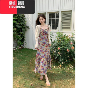 YIBUSHENG大码女装文艺森系连衣裙胖MM法式复古碎花长裙开衫微胖显瘦两件套
