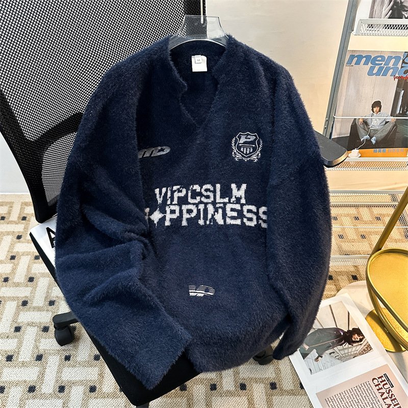 毛衣男美式潮牌V领情侣款慵懒学院风针织衫外套春秋套头休闲外套