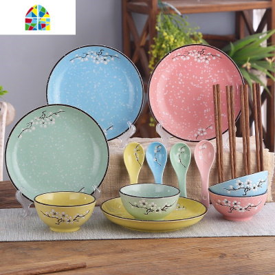 封后日式家用碗碟套装盘子饭碗釉下彩陶瓷餐具套碗盘碟菜盘碗筷勺组合 FENGH 腊梅4碗4盘4勺4筷(粉色)16件套(4人
