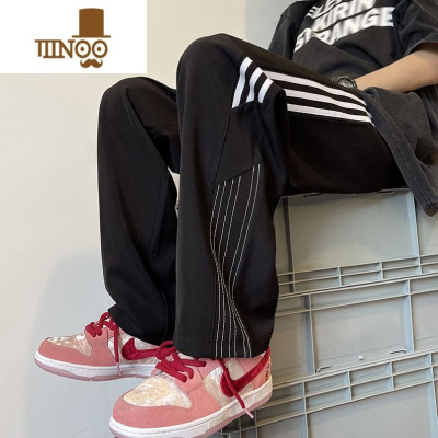 YANXU高街裤子男夏季薄款宽松直筒休闲裤潮牌ins欧美侧边条纹运动卫裤