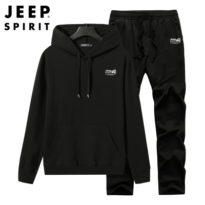 JEEPSPIRIT男装旗舰店春秋季休闲卫衣官方正品纯棉晨跑服套装连帽运动外套黑色L