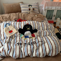 冬季加厚牛奶绒贴布绣床上四件套双面珊瑚绒被罩床单三件套床笠4