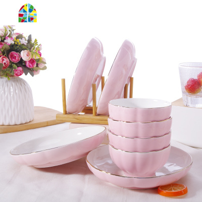 封后碗盘碟子家用陶瓷碗套装简约北欧网红款米饭碗菜盘子面碗餐具组合 FENGH 南瓜粉色6碗(5英寸)6盘(7英寸)送6勺