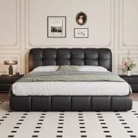 意式真皮床轻奢现代简约主卧室双人床高端大气黑色家用储物泡芙床