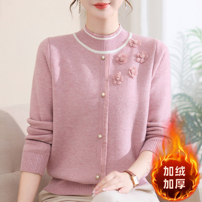 中老年女装半高领针织一体绒毛衣妈妈冬装加绒保暖洋气加厚打底衫