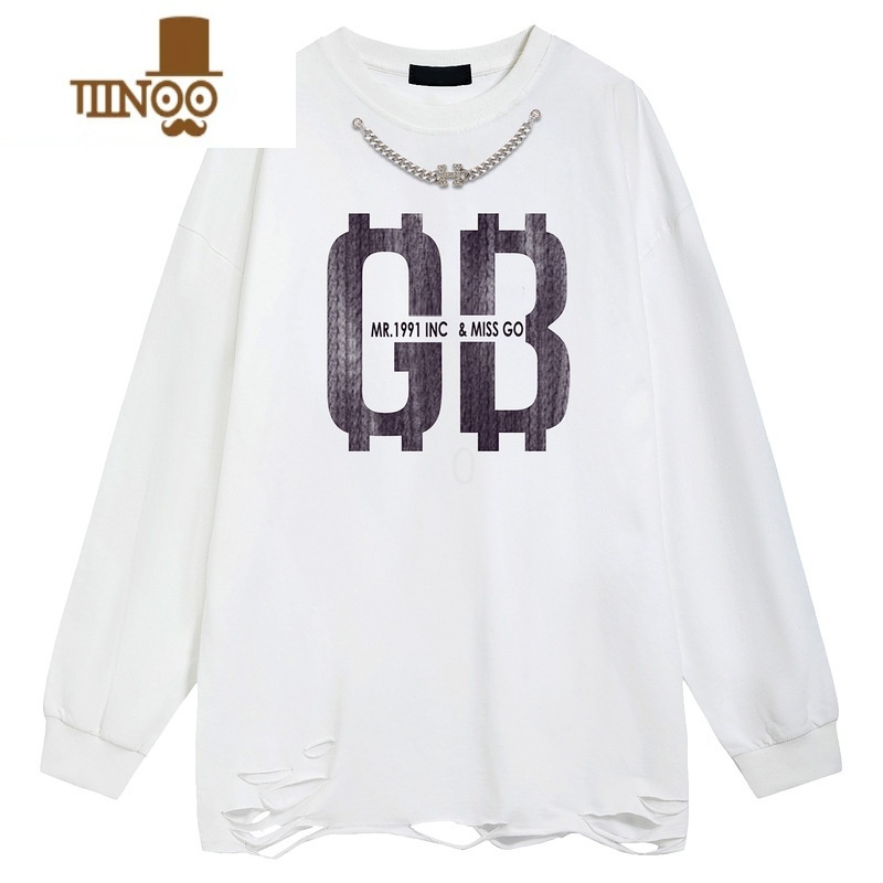 YANXU美式字母嘻哈项链水洗做旧长袖T恤男秋季潮牌宽松小众设计感卫衣