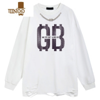 YANXU美式字母嘻哈项链水洗做旧长袖T恤男秋季潮牌宽松小众设计感卫衣