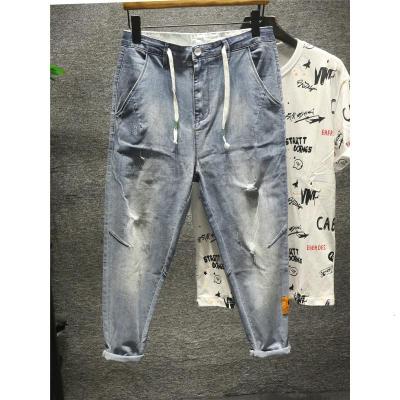 新款Hi精致韩风破洞牛仔九分裤男日系复古直筒宽松休闲乞丐潮系带