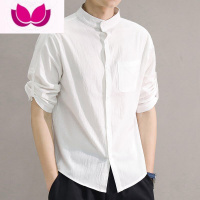 七斓夏秋季立领亚麻衬衫男长袖纯色复古休闲修身棉麻中国风小清新衬衣